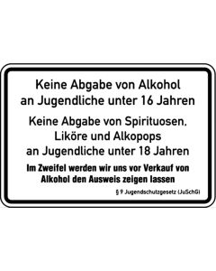 Hinweisschild Keine Abgabe von Alkohol an Jugendliche